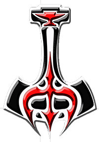 Stylized red and black tribal axe design with intricate patterns.