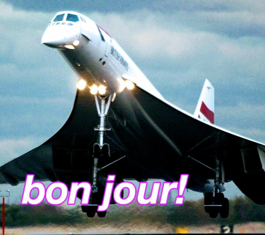 Supersonic passenger jet lifting off with pink text