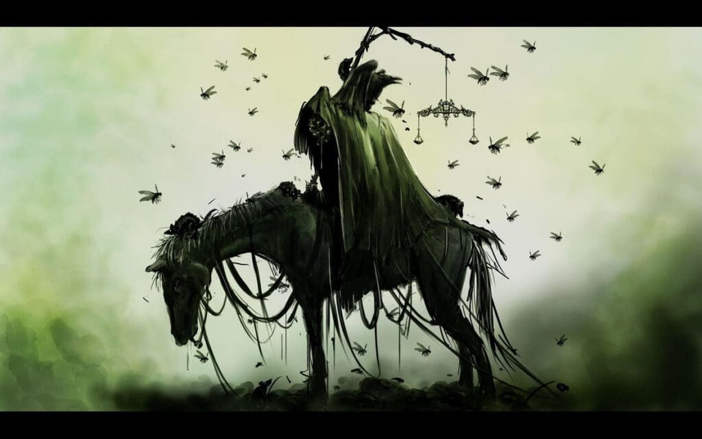 Hooded figure on decayed horse amid flies